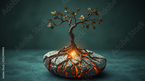 Glowing Tree Roots Breaking Stone Dark Teal Background