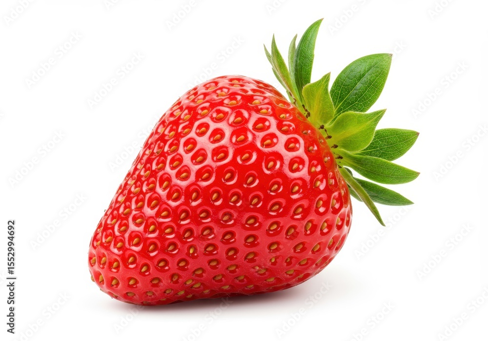 Close up of a single ripe strawberry with green leaves on white background Close up of a single ripe strawberry with green leaves on white background