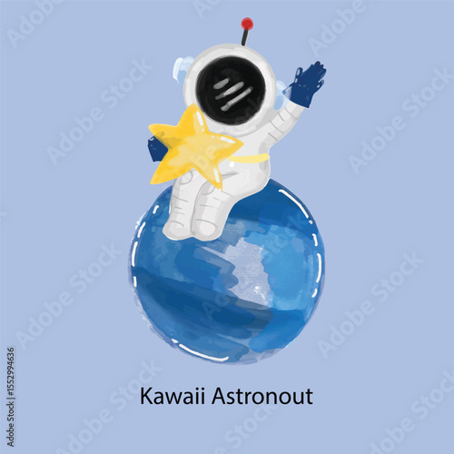 Watercolor Cute Little Astronaut Collection. Kawaii Astronaut different variant gesture or activity. 