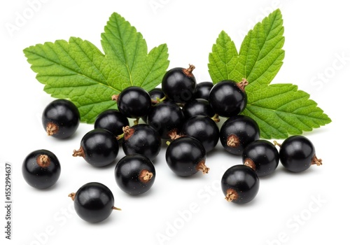 Fresh black currants with green leaves on a white background, close-up