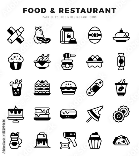 Vector icons set of Food and Restaurant. Lineal Filled style Icons.