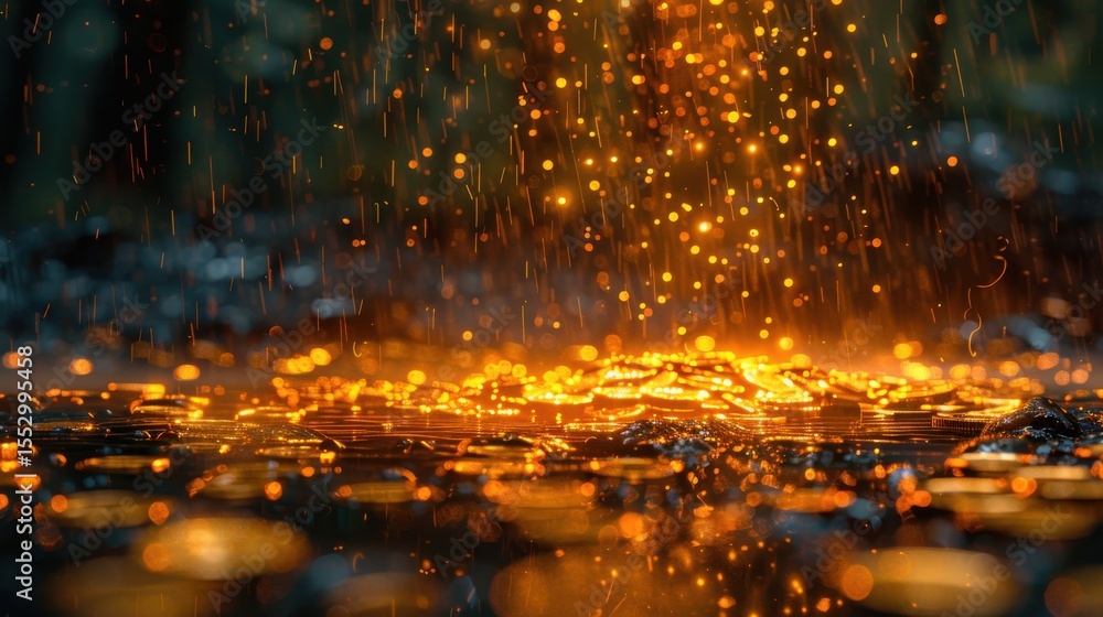 This artistic composition captures the mesmerizing sight of glowing orange sparks dancing amidst dark liquid, creating an enchanting atmosphere of beauty and abstraction. This artistic composition captures the mesmerizing sight of glowing orange sparks dancing amidst dark liquid, creating an enchanting atmosphere of beauty and abstraction.
