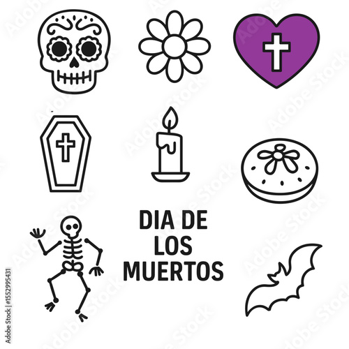 Icon set for Dia de los Muertos with symbols of celebration  