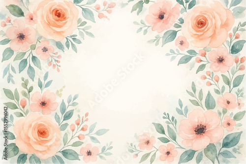 Vintage floral background with romantic pink roses, elegant frame, and decorative hearts for a wedding or Valentine's Day card design
