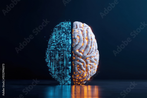 A digital and organic brain split in half, symbolizing the fusion of technology and human intelligence with glowing neural connections.