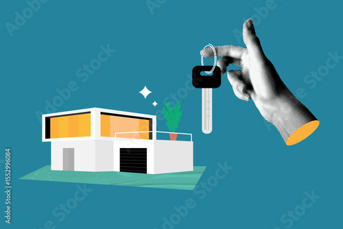 Halftone hand holding keys to new house. Mortgage concept. Loan for house, apartment, housing purchase. Renting property. Modern collage