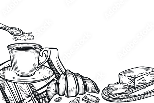 Breakfast, a cup of coffee, a tablecloth, a fresh croissant, butter, a teaspoon with sugar. All objects are hand-drawn in vector, suitable for printing on fabric, for menu decoration, coffee interior.