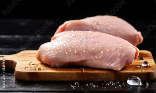 Raw Chicken Breasts on Wooden Board