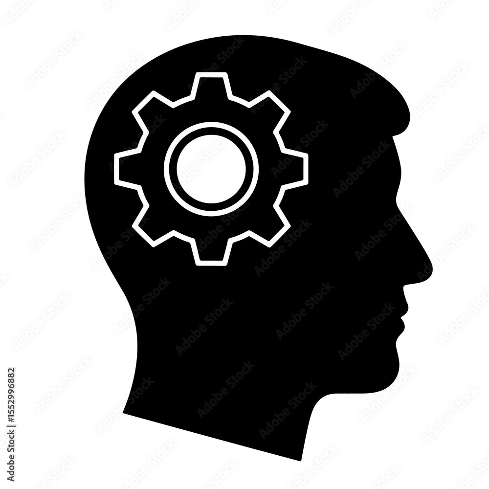 Flat black vector icon of human head and brain silhouette with gear inside, symbolizing critical thinking, problem solving, and outline design PNG Flat black vector icon of human head and brain silhouette with gear inside, symbolizing critical thinking, problem solving, and outline design PNG