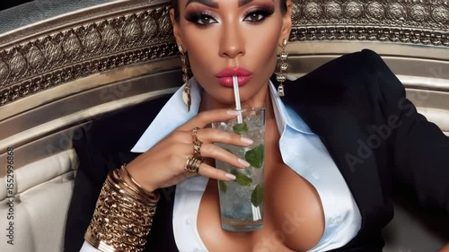 Evening look: a woman in a jacket and an unbuttoned shirt with a cocktail and gold bracelets. Luxury and style and fashion.