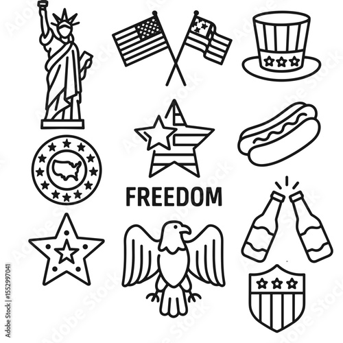 Vector icon set isolated with symbols of freedom and patriotism  