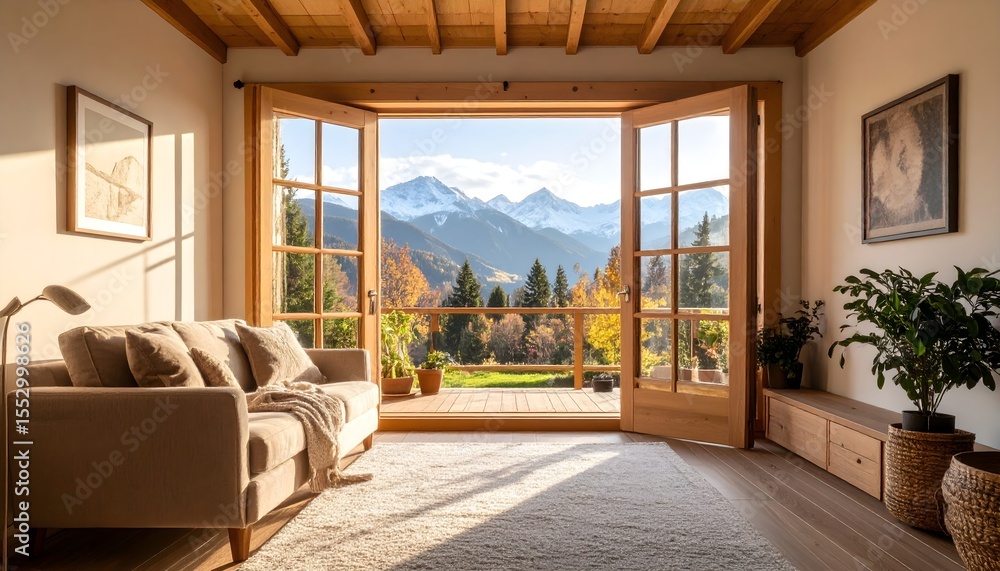Fototapeta premium Serene cozy room with soft light entering through open window, mountain view in the background