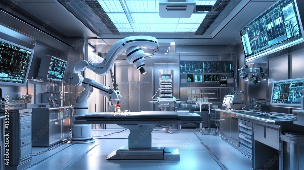 Fototapeta premium Futuristic Surgical Suite with Robotic Arm and High-Tech Medical Displays