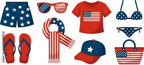 Star-spangled fashion set. Glasses, cap, bikini, tank top, clothes, flip flops, themed clothes in red white blue for beach holiday layout  