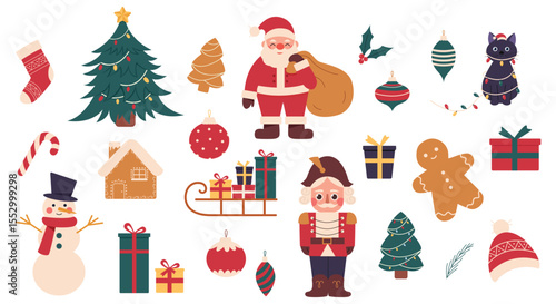 Christmas and Happy New Year items collection. Santa Claus, Christmas tree, snowman,presents,gifts,deer,hat,cat,stockings,ornaments,nutcracker icon set. Colored vector illustration cartoon flat style