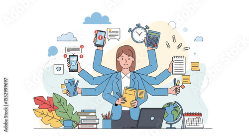 Adobe illustrator artwork vector illustration of a businesswoman multitasking. A concept of corporate efficiency, productivity, workload management, and professional skill in a flat modern style