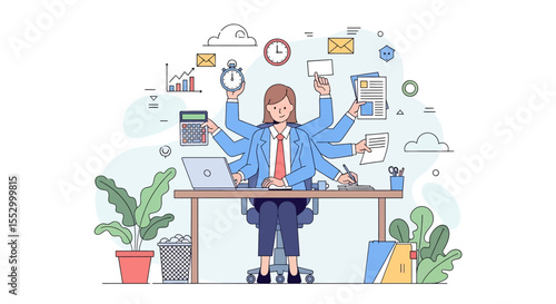 Adobe illustrator artwork vector illustration of a businesswoman multitasking. A concept of corporate efficiency, productivity, workload management, and professional skill in a flat modern style