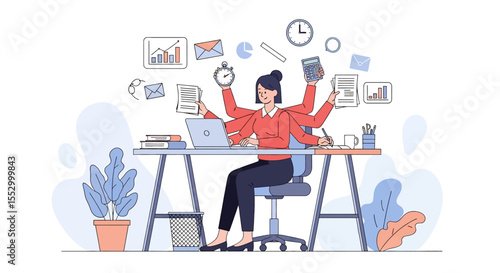 Adobe illustrator artwork vector illustration of a businesswoman multitasking. A concept of corporate efficiency, productivity, workload management, and professional skill in a flat modern style