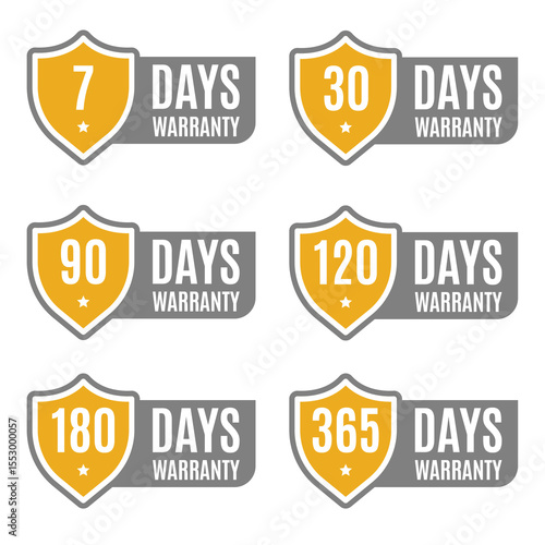Minimalist and elegant Vector warranty shield with checklist label icon set. Number of days 7, 30, 90, 120, 180, 365. guarantee vector icon.