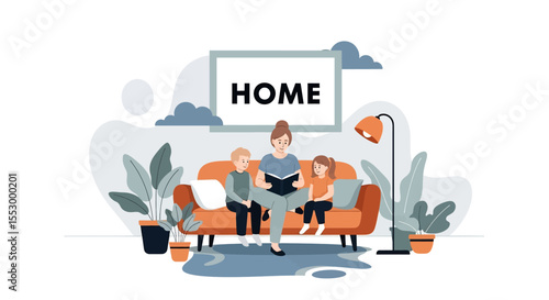 Adobe illustrator artwork vector illustration of a mom reading a book to her two children on a sofa, emphasizing family bonding and cozy home moments. Perfect for educational, parenting, or lifestye