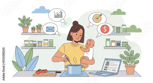 Adobe illustrator artwork vector illustration of a multitasking mom cooking in the kitchen while holding her baby, managing home and work. Perfect for themes of working mothers  and balancing life