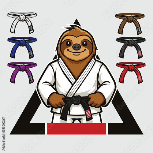 Sloth mascot using Gi White kimono and black belt, representing Brazilian Jiujitsu Martial Art Sport