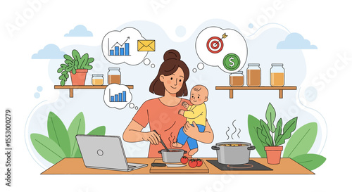 Adobe illustrator artwork vector illustration of a multitasking mom cooking in the kitchen while holding her baby, managing home and work. Perfect for themes of working mothers  and balancing life
