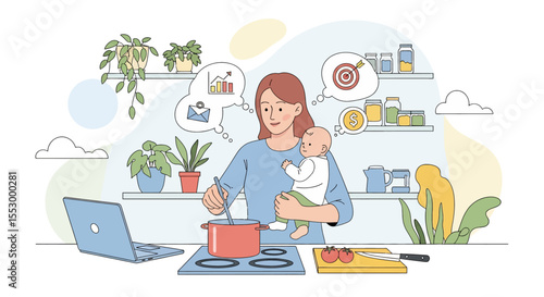 Adobe illustrator artwork vector illustration of a multitasking mom cooking in the kitchen while holding her baby, managing home and work. Perfect for themes of working mothers  and balancing life