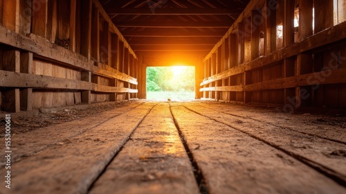 Wallpaper Mural Sunlight streams through an open barn door, illuminating rustic wooden beams and dirt floor, creating a warm and inviting atmosphere, perfect for capturing farm life essence. Torontodigital.ca