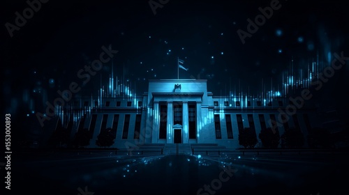 Federal building with stock market price chart displayed on a dark blue background.
