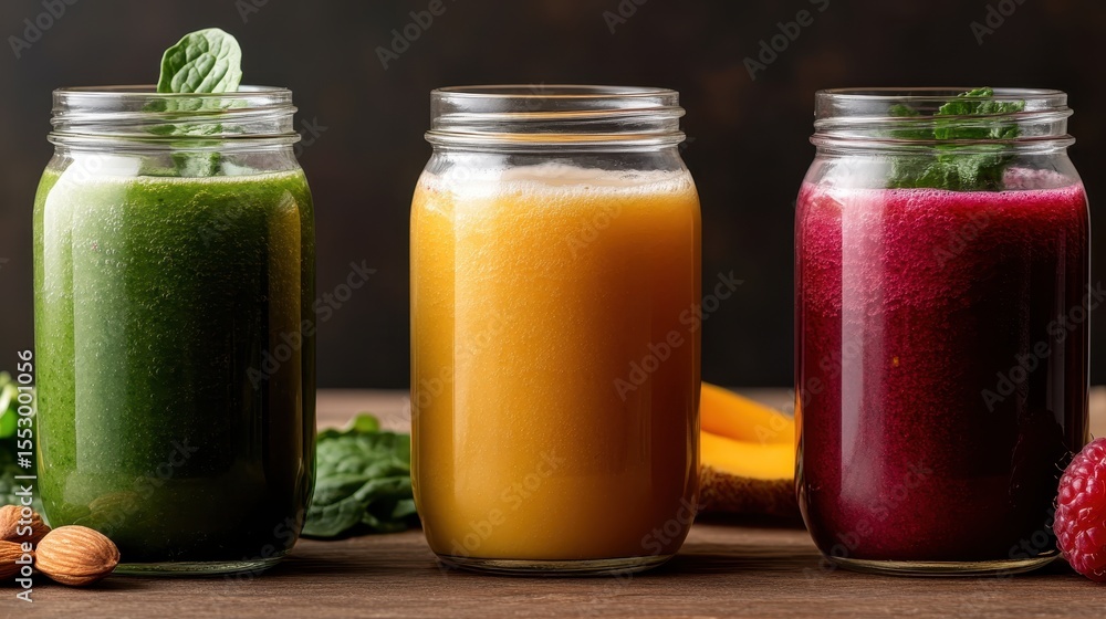 Three jars of colorful smoothies sit on a wooden surface, showcasing vibrant green, orange, and pink hues that highlight the freshness of fruits and vegetables. Three jars of colorful smoothies sit on a wooden surface, showcasing vibrant green, orange, and pink hues that highlight the freshness of fruits and vegetables.