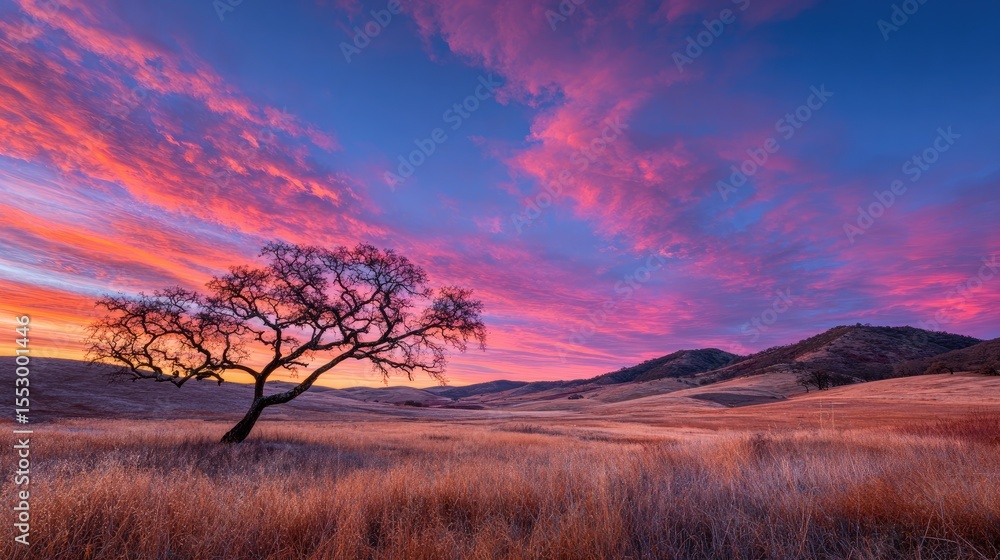 Fototapeta premium Lone oak tree casting a long shadow in a field beneath glowing red and orange sunset clouds