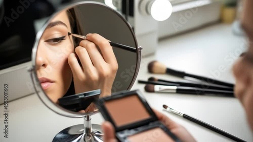Woman applying eyeliner with makeup mirror