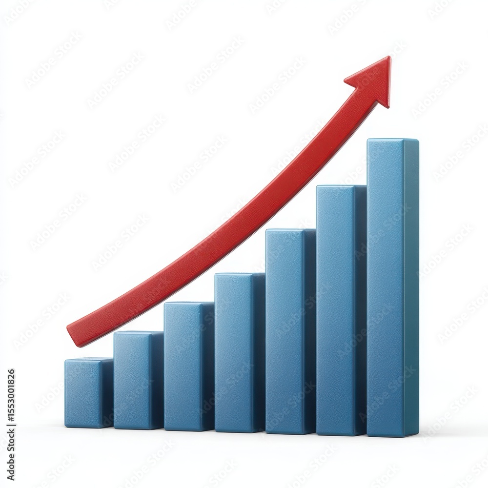 3d bar chart with red upward trend arrow isolated on white background 3d bar chart with red upward trend arrow isolated on white background
