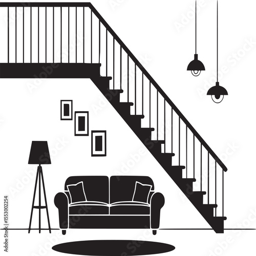 Black and white interior scene with stairs sofa lamp pictures and hanging lights illustration