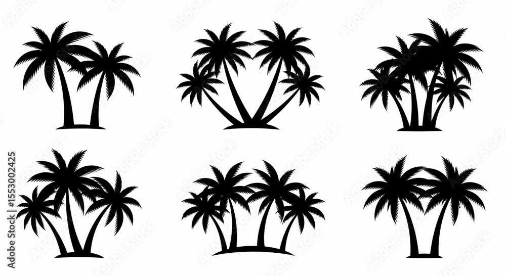 Collection of Six Unique Palm Tree Silhouettes Tropical Paradise Illustrations for Design Projects Collection of Six Unique Palm Tree Silhouettes Tropical Paradise Illustrations for Design Projects