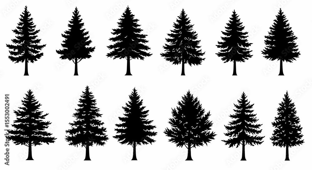 Fototapeta premium Collection of Twelve Silhouettes of Evergreen Trees Perfect for Nature Designs, Winter Illustrations, and Holiday Projects