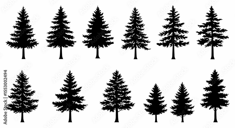 Fototapeta premium Collection of Twelve Diverse Evergreen Silhouette Tree Illustrations Perfect for Nature Designs, Holiday Decor, and Forest Themed Projects