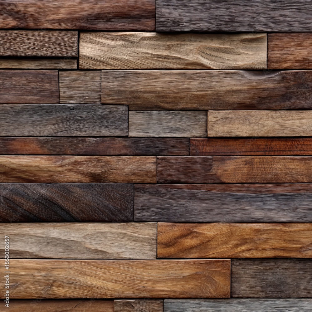 Naklejka premium Rustic wooden wall background showing a detailed arrangement of wooden planks in varying shades of brown and wood textures
