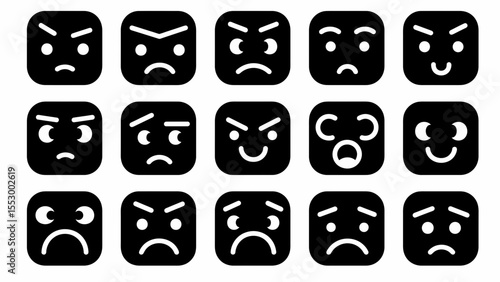 Collection of 15 Square Emojis Representing Various Angry and Frustrated Facial Expressions  A Diverse Set of Negative Emotion Icons for Digital Communication