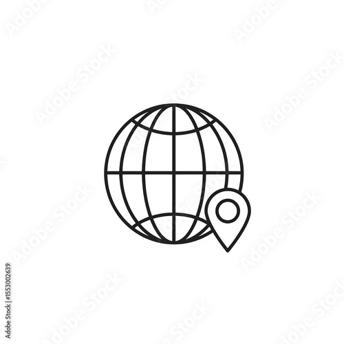Minimalist flat-style hollow globe with outlined meridians and a nearby hollow location pin. Isolated on white or transparent background in PNG format.