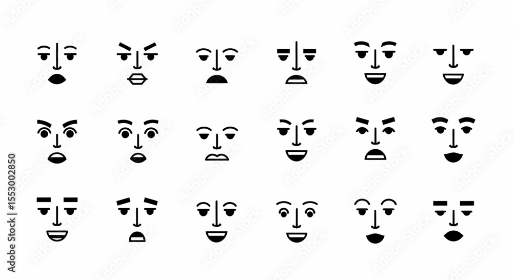 Naklejka premium Collection of Minimalist Line Art Faces Expressing Diverse Emotions Joy, Sadness, Anger, Surprise, and More