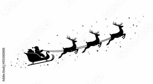 Silhouette of Santa Claus in his sleigh being pulled by four reindeer flying through a snowy sky, Christmas illustration