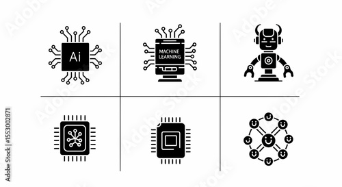Artificial Intelligence and Machine Learning Icon Set  AI Processors, Robots, and Networked Systems