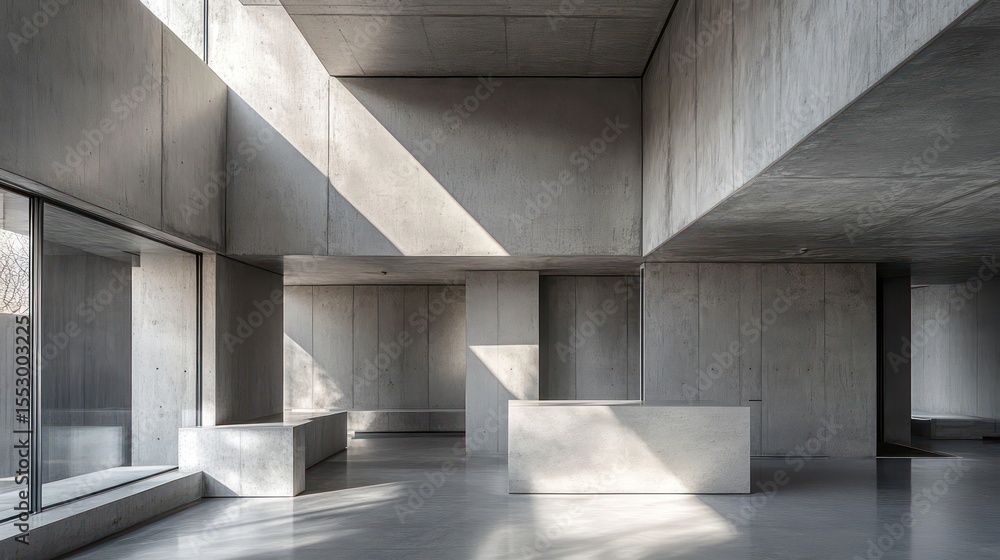 Obraz premium Modern Concrete Architecture: Dramatic Light and Shadow Interior Design