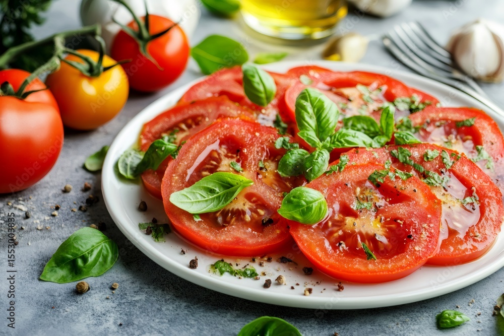 Sliced tomatoes with basil and olive oil dressing on white plate Sliced tomatoes with basil and olive oil dressing on white plate