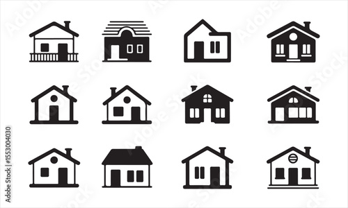 A set of twelve simple, black silhouette icons depicting various house styles vector art on white