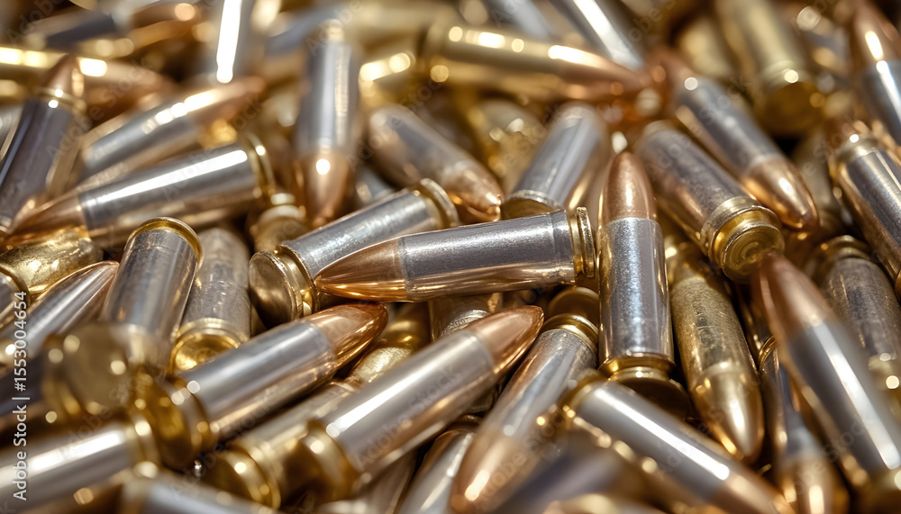 Close up of a large jumbled pile of silver and gold rifle ammunition cartridges Close up of a large jumbled pile of silver and gold rifle ammunition cartridges