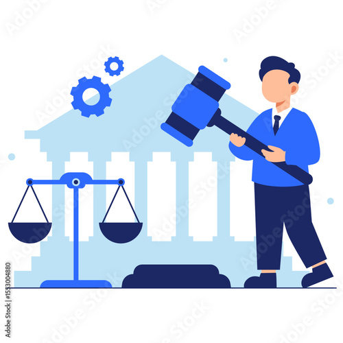 Confident lawyer presenting justice with a gavel in hand standing proudly before a court background