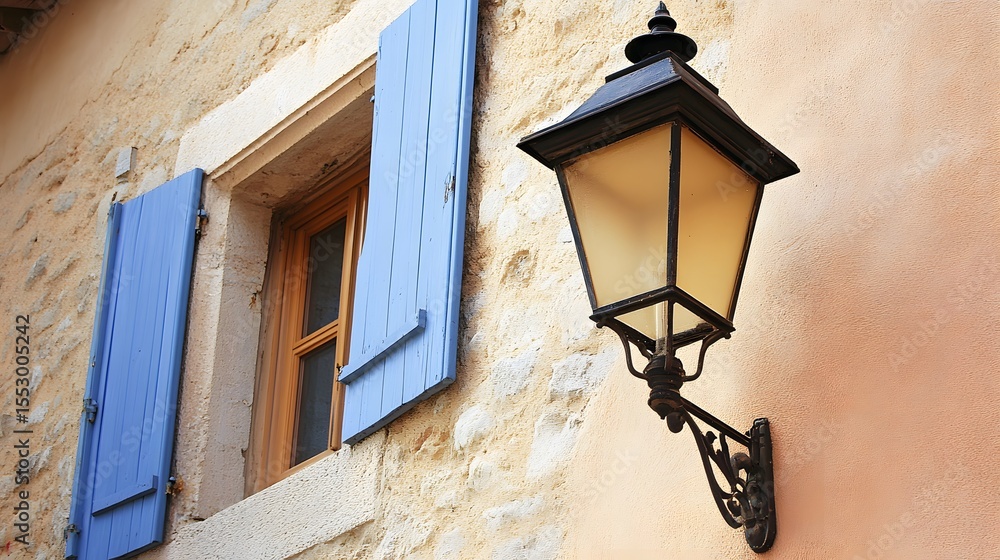 Antique Wall Lamp on Old Building with Blue Shutters Antique Wall Lamp on Old Building with Blue Shutters